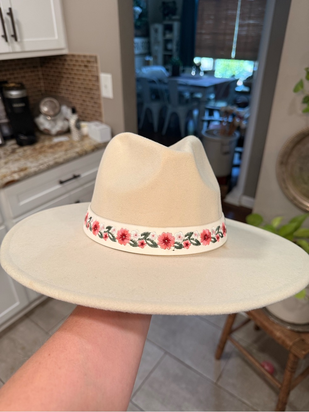 Women's Cream Wide-Brim Hat with Pink Floral Band